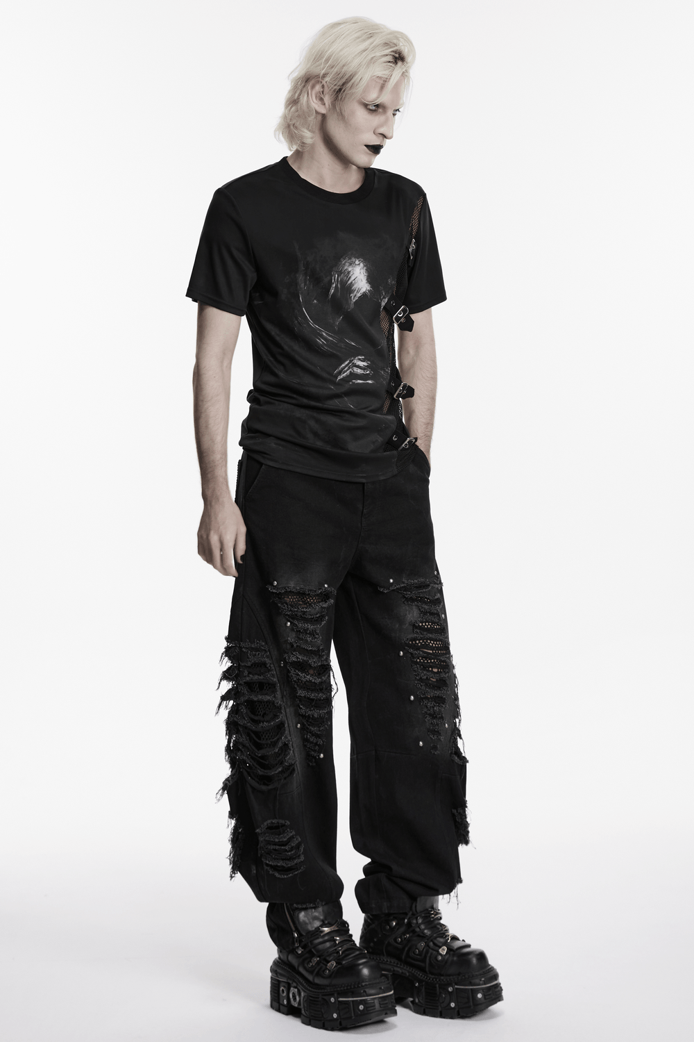 Black Punk Graphic T-Shirt With Buckled Mesh Side