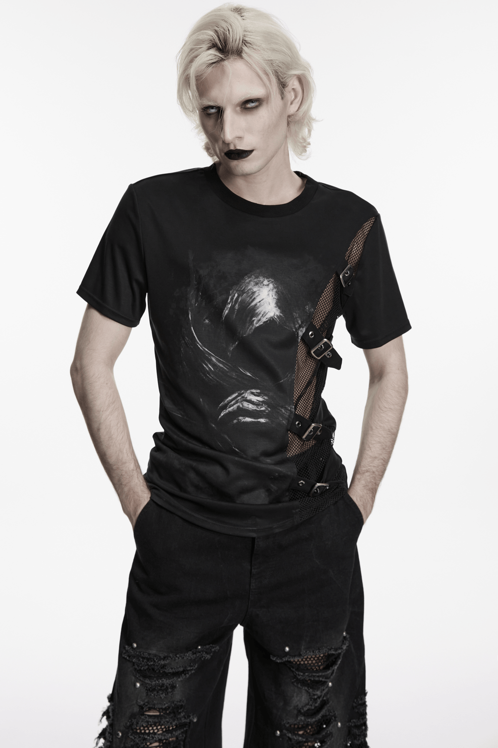 Black Punk Graphic T-Shirt With Buckled Mesh Side