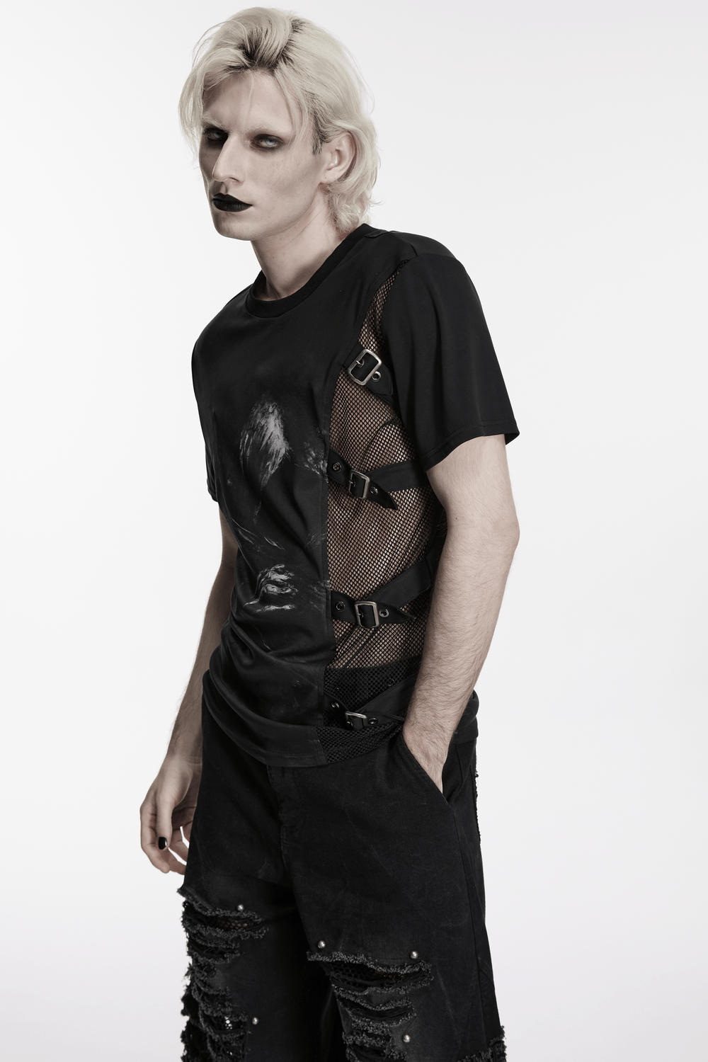Black Punk Graphic T-Shirt With Buckled Mesh Side
