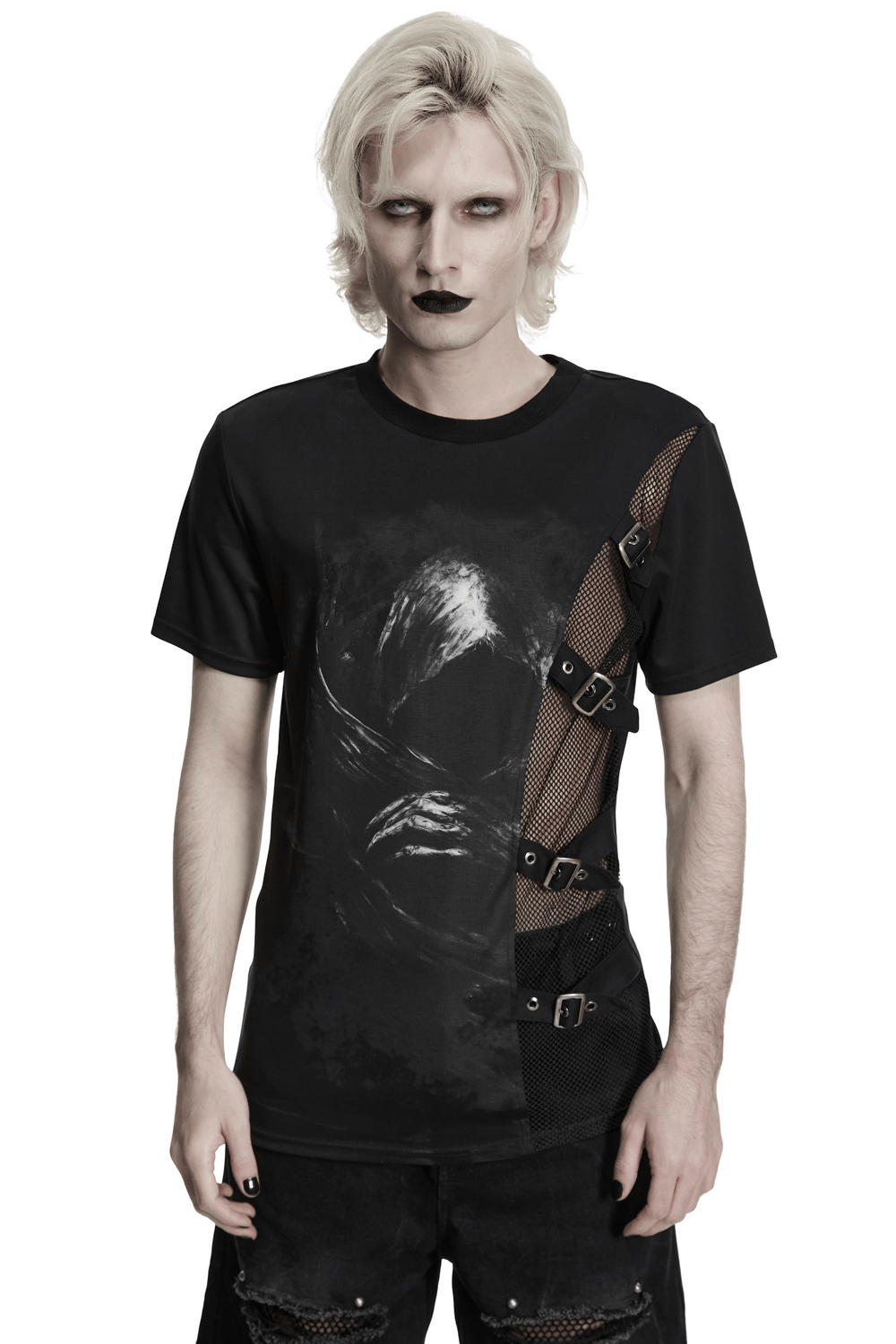 Black Punk Graphic T-Shirt With Buckled Mesh Side