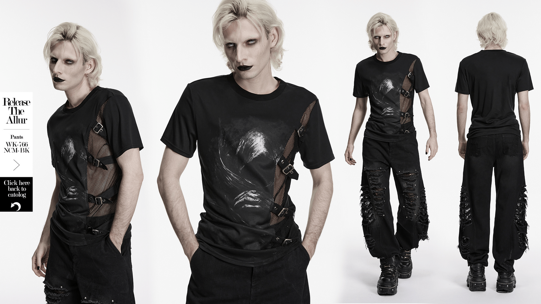 Black Punk Graphic T-Shirt With Buckled Mesh Side