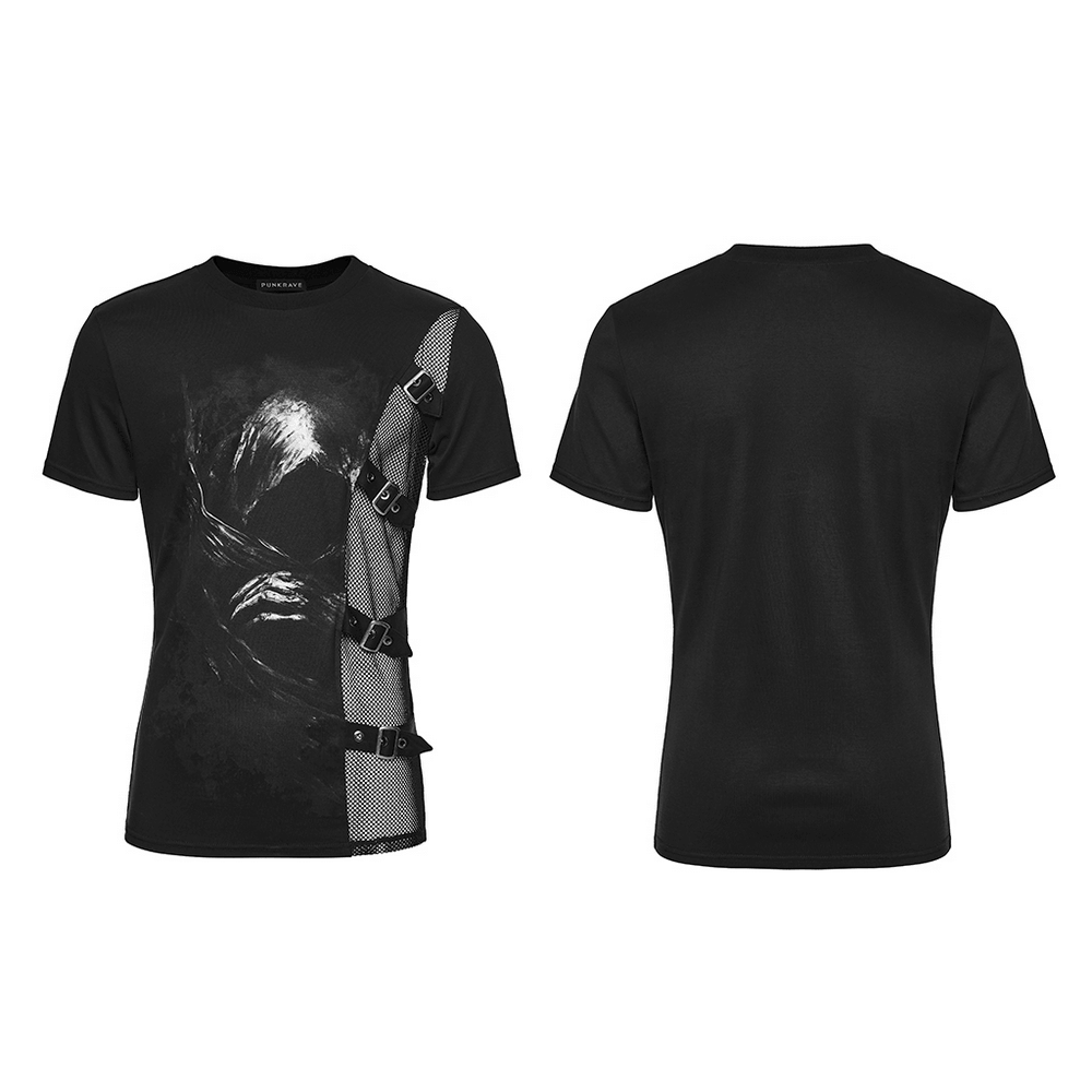 Black Punk Graphic T-Shirt With Buckled Mesh Side