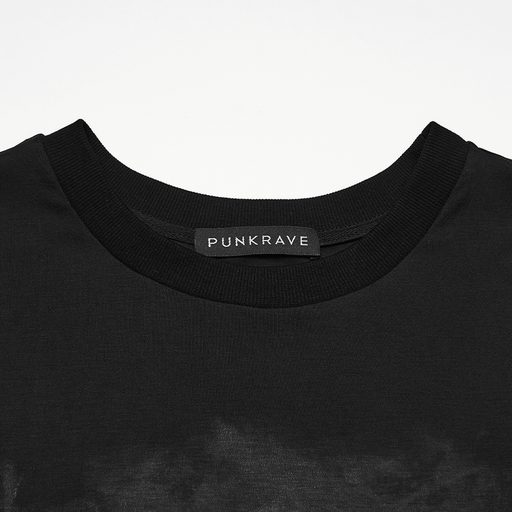 Black Punk Graphic T-Shirt With Buckled Mesh Side