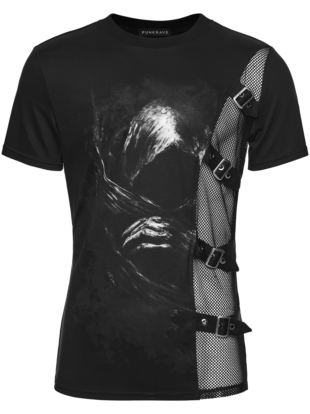 Black Punk Graphic T-Shirt With Buckled Mesh Side