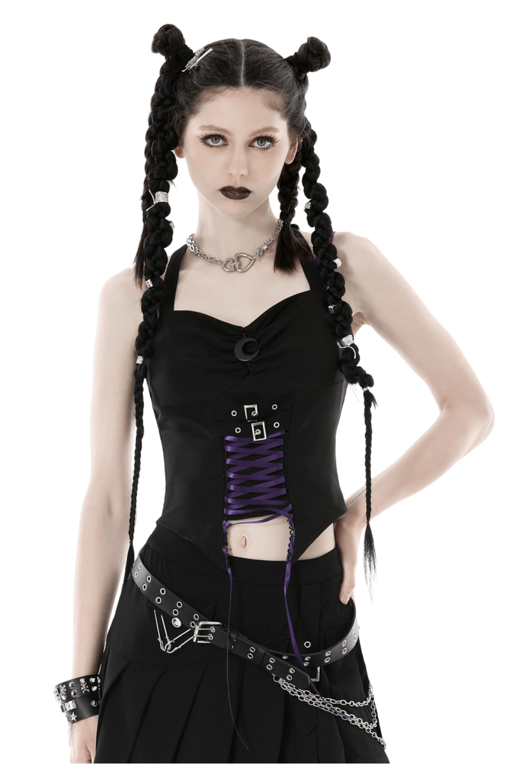 Black Punk Halter Corset with Lace-Up Detailing