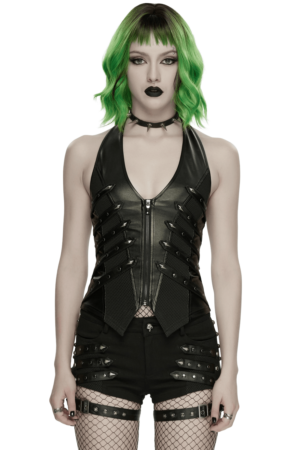 Alt Tag: Black Punk Halter Vest with Studded Strap Panels on model, deep halter neckline, studded straps, mesh panels, edgy clubwear top