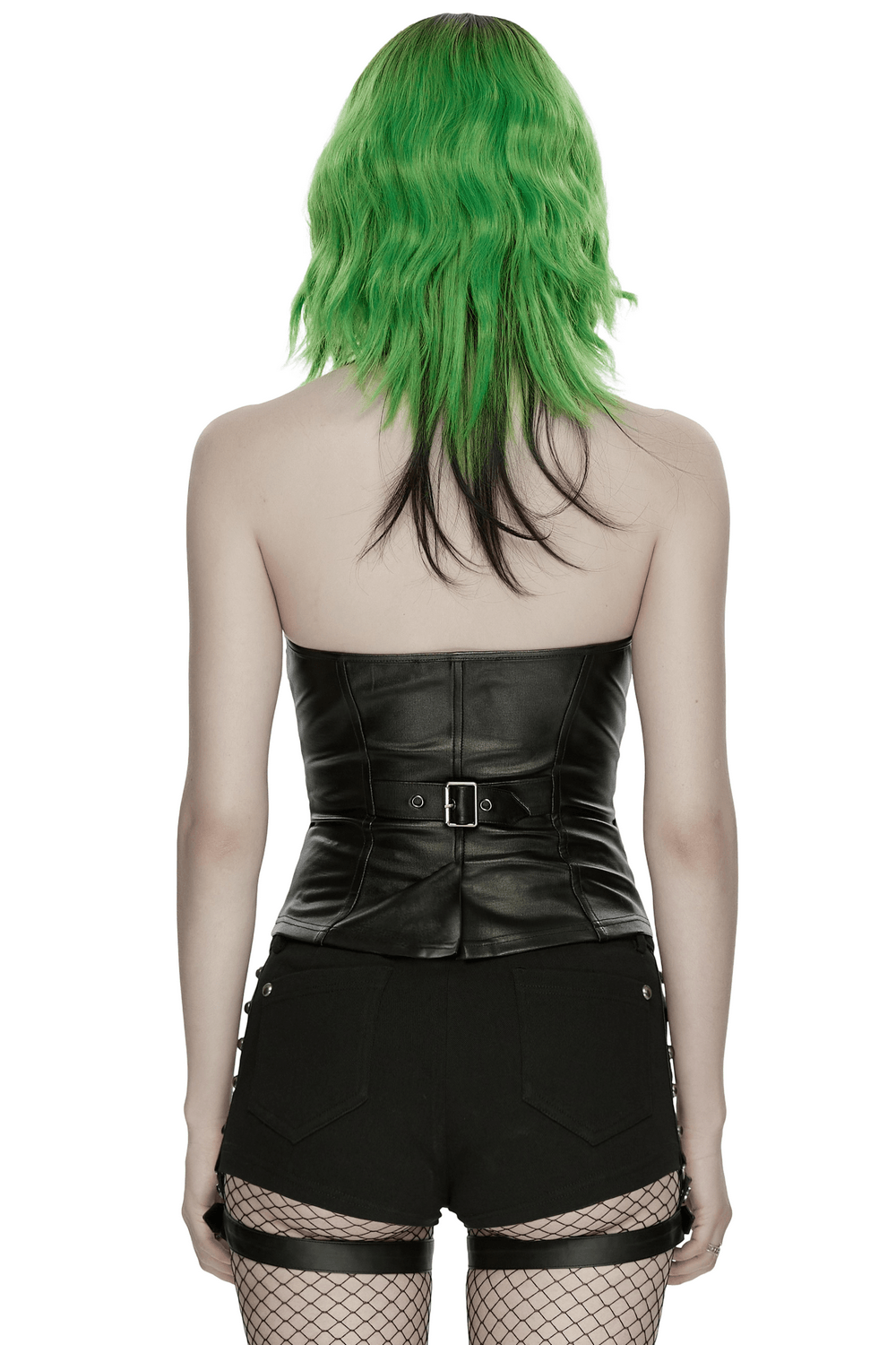 Alt Tag: Back view of model wearing Black Punk Halter Vest with Studded Strap Panels, black faux leather corset top with buckle and fishnet tights