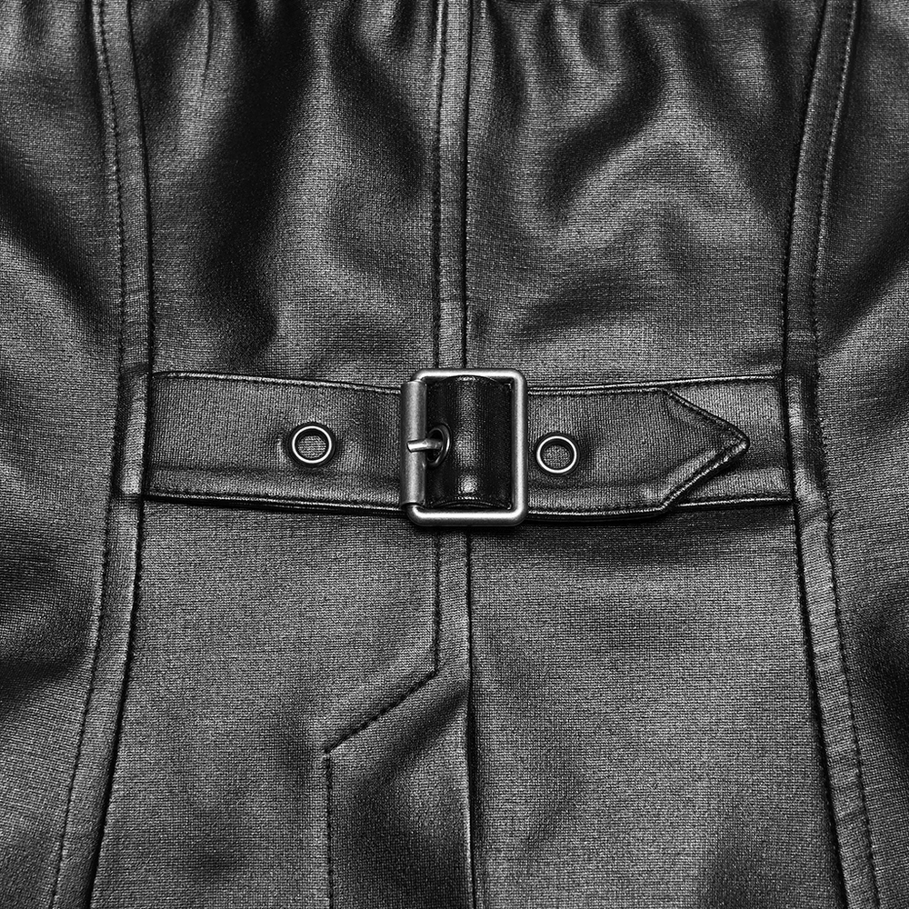 Alt Tag: Black Punk Halter Vest with Studded Strap Panels close-up, black buckle strap detail on rubberized knit and mesh, fierce clubwear vibe