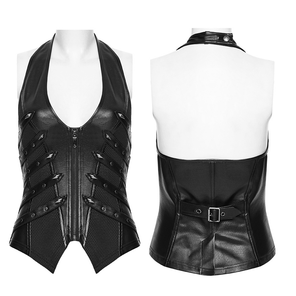 Black Punk Halter Vest with Studded Strap Panels front and back view, deep halter neckline, mesh panels, buckle detail, fitted clubwear top