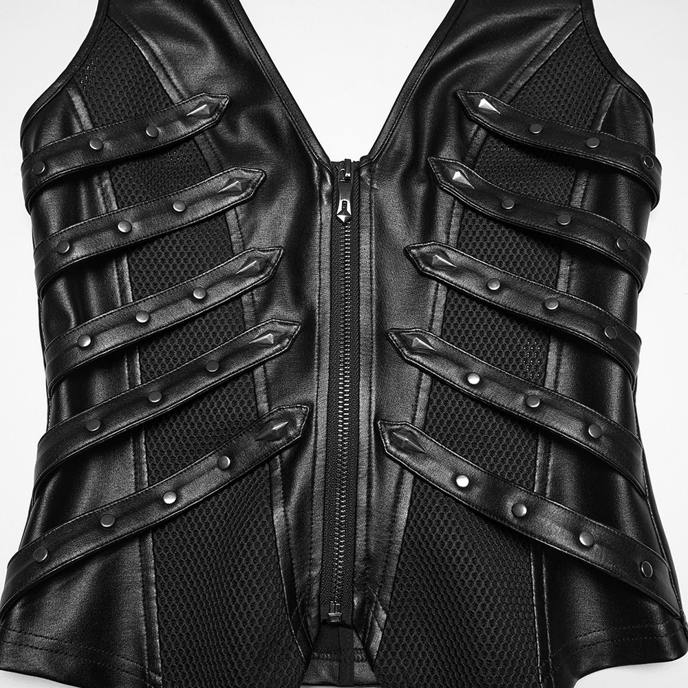 Alt Tag: Black Punk Halter Vest with Studded Strap Panels front view with zipper, mesh panels, and studded strap detailing