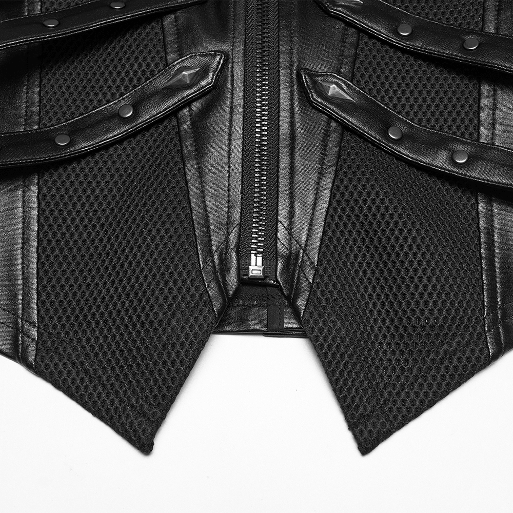 Alt Tag: Black Punk Halter Vest with Studded Strap Panels close-up of front zipper, studded strap panels, and textured 3D mesh