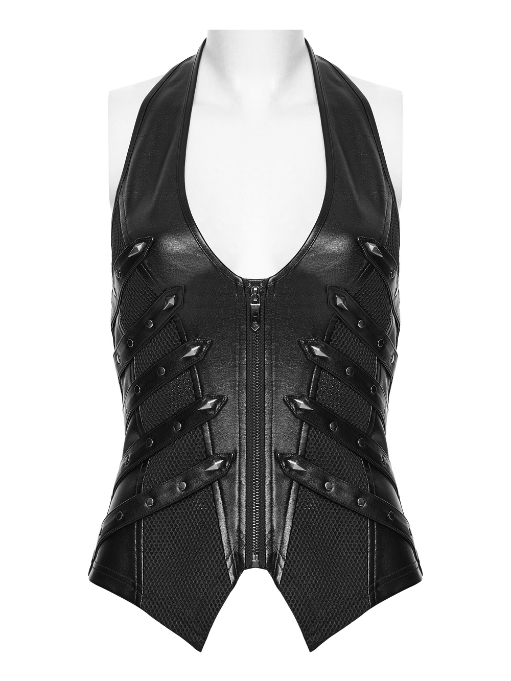 Alt Tag: Black Punk Halter Vest with Studded Strap Panels, black halter neck vest with mesh panels, buckle strap details, clubwear top