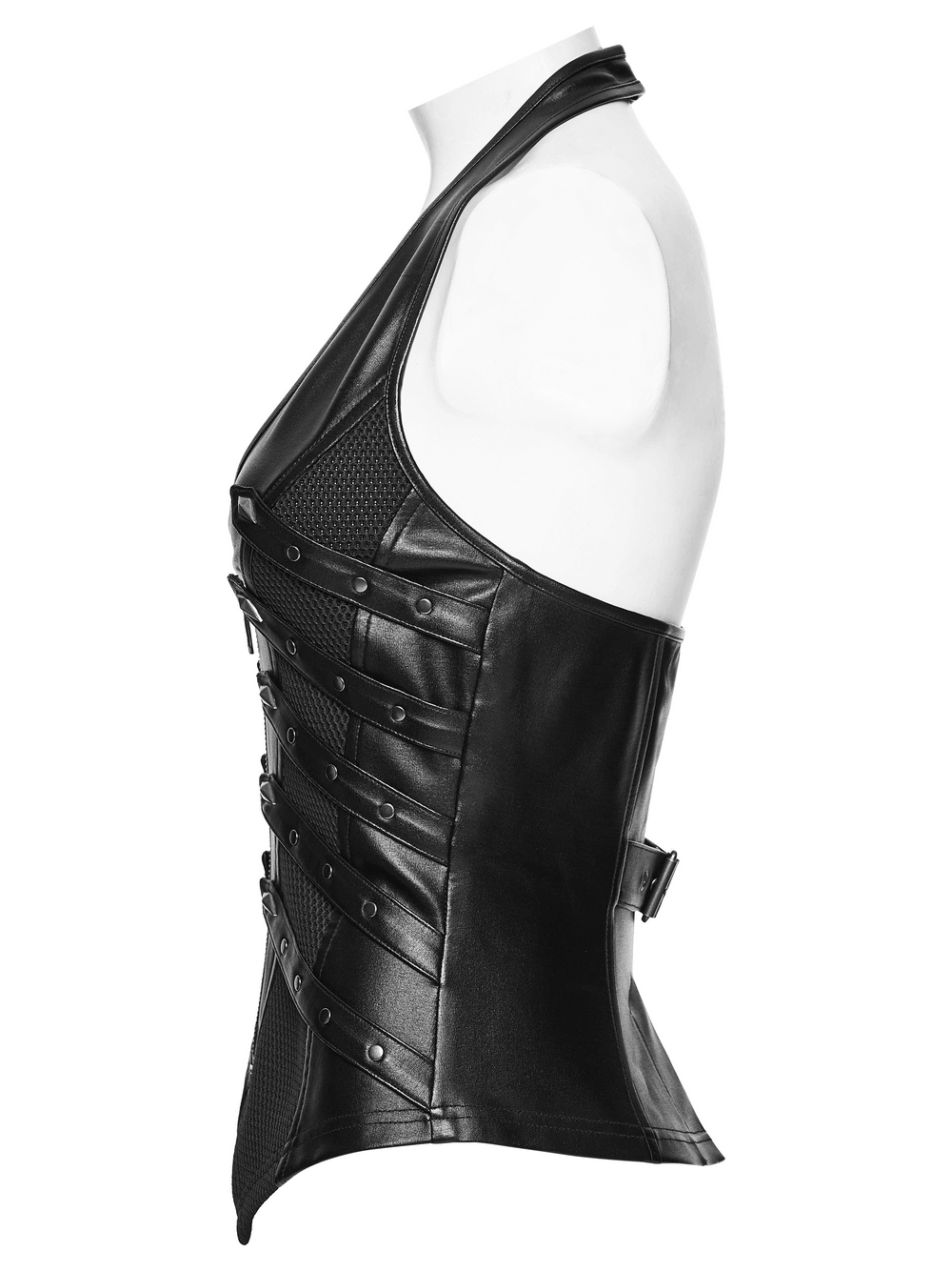Alt Tag: Black Punk Halter Vest with Studded Strap Panels side view on mannequin, black rubberized knit with 3D mesh buckle detail