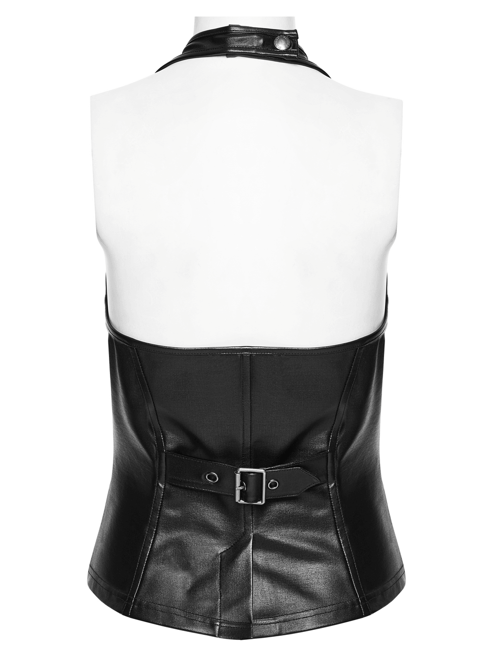 Alt Tag: Black Punk Halter Vest with Studded Strap Panels back view, black faux leather halter vest with buckle waist strap and sleek fitted silhouette