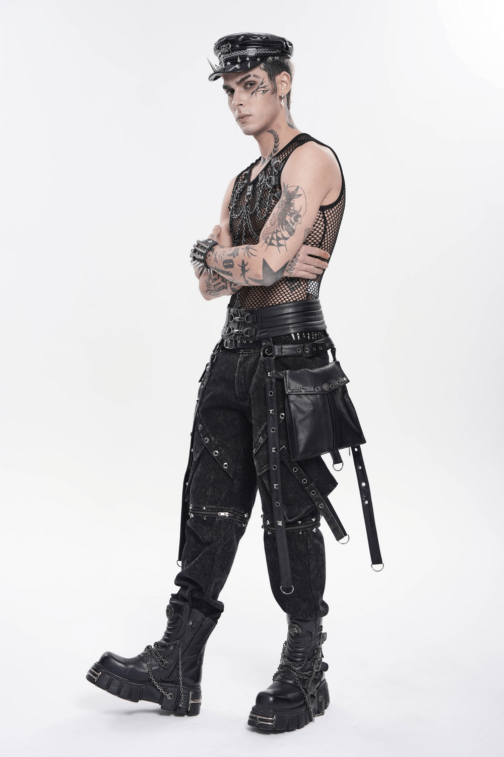 Model wearing a Black Punk Harness Belt with Garter Straps and Pouches, styled with punk accessories and tattoos.