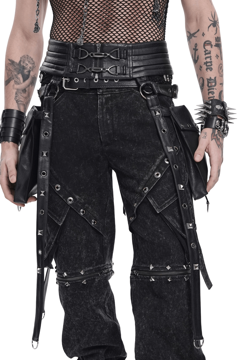 Black Punk Harness Belt with Garter Straps and Pouches worn with utility pouches and edgy details for a bold look.
