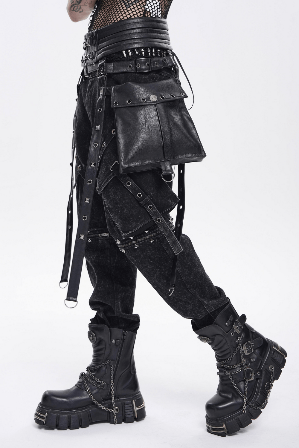 Black Punk Harness Belt with Garter Straps and Pouches styled with edgy black pants and chunky boots.