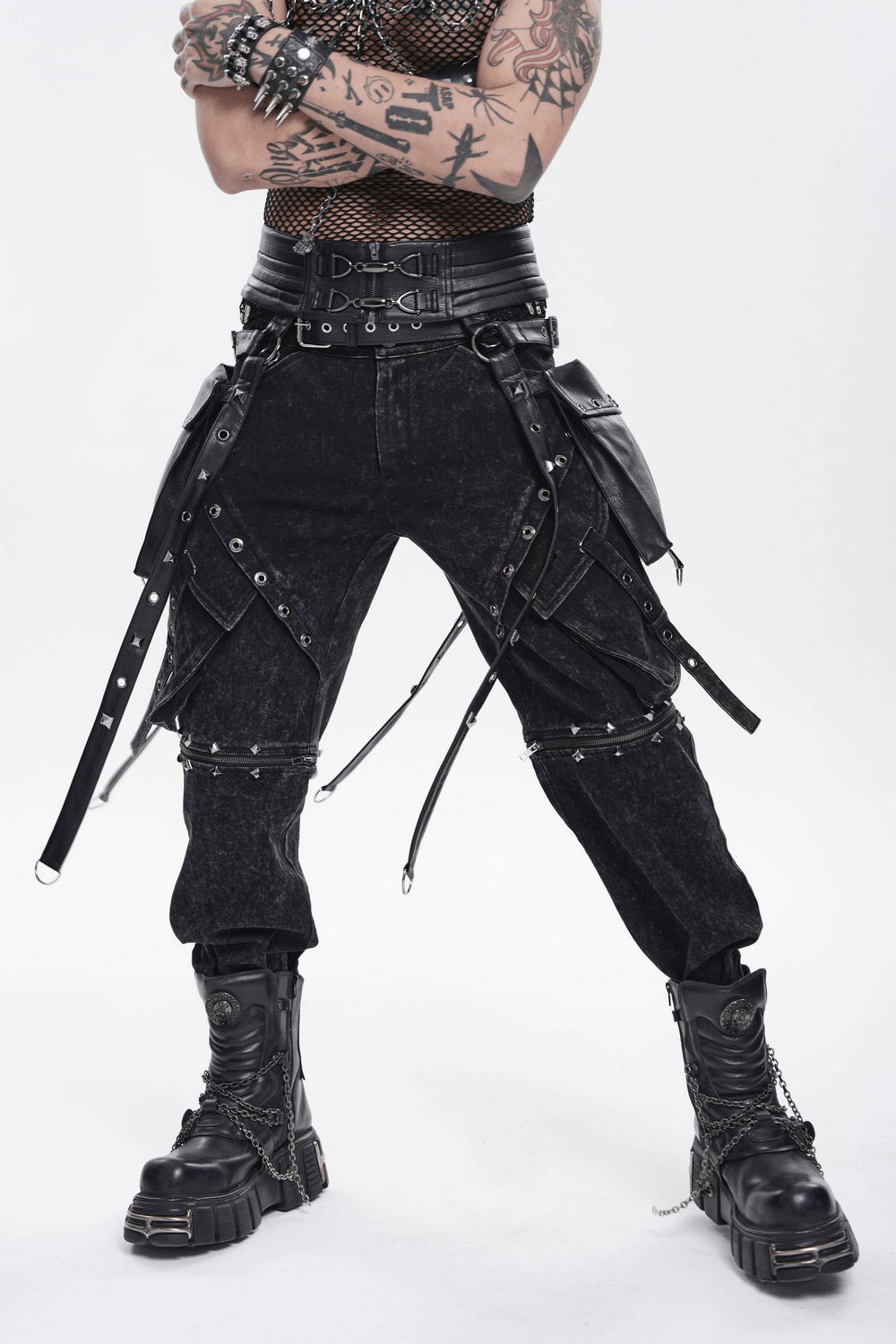 Black Punk Harness Belt with Garter Straps and Pouches styled on a model with tattoos and edgy black outfit.