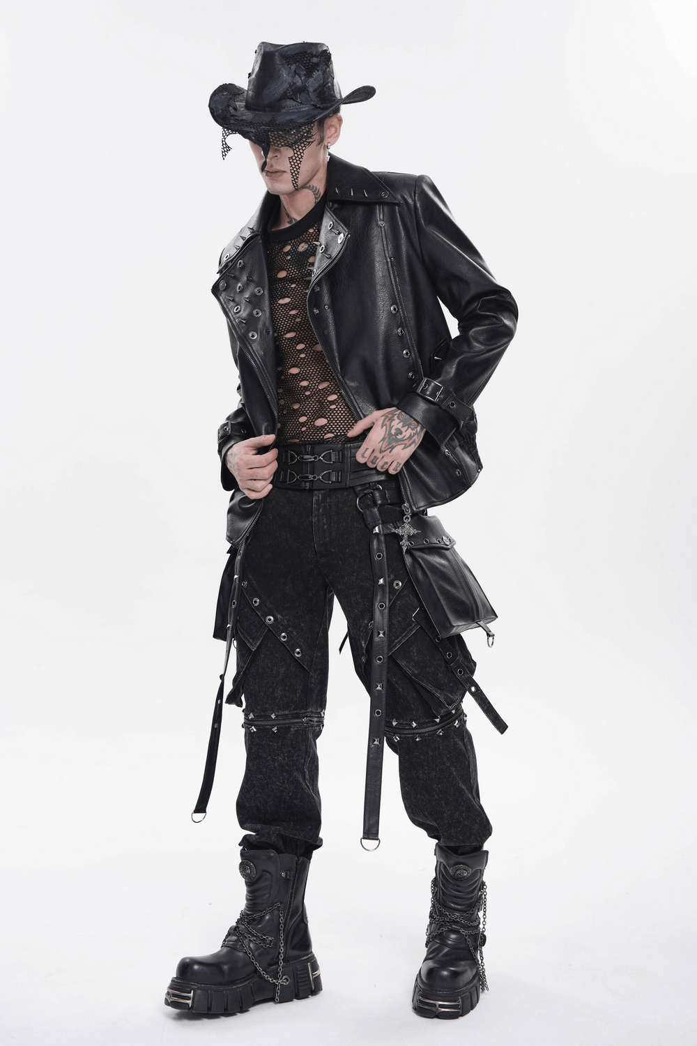 Black Punk Harness Belt with Garter Straps and Pouches styled with edgy leather outfit and accessories.