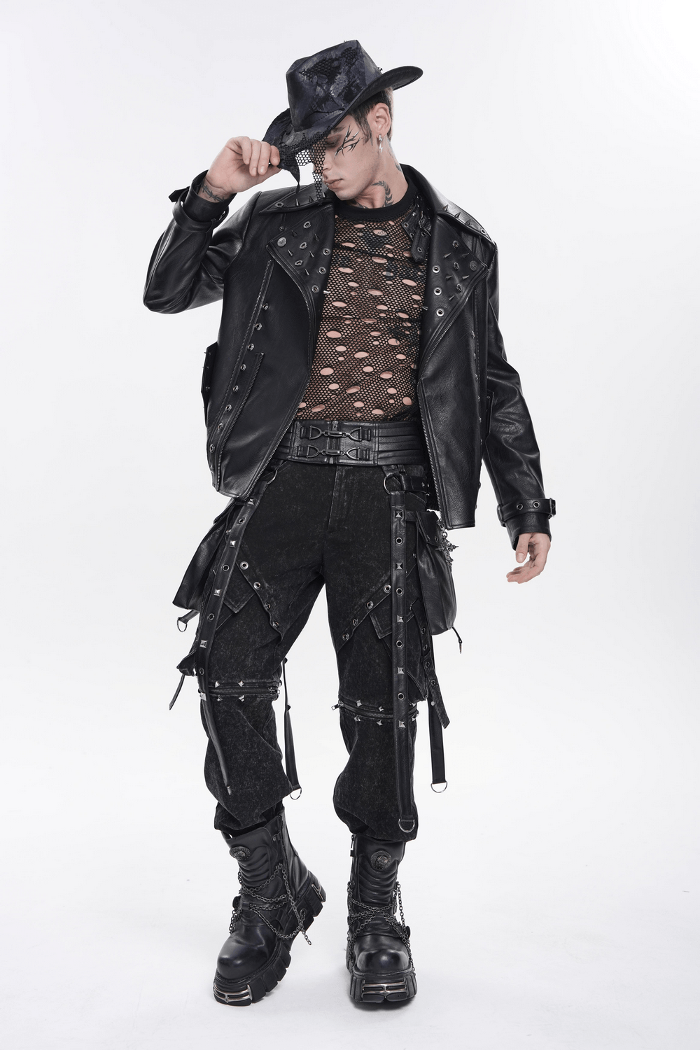 Black Punk Harness Belt with Garter Straps and Pouches worn with edgy leather outfit and hat.