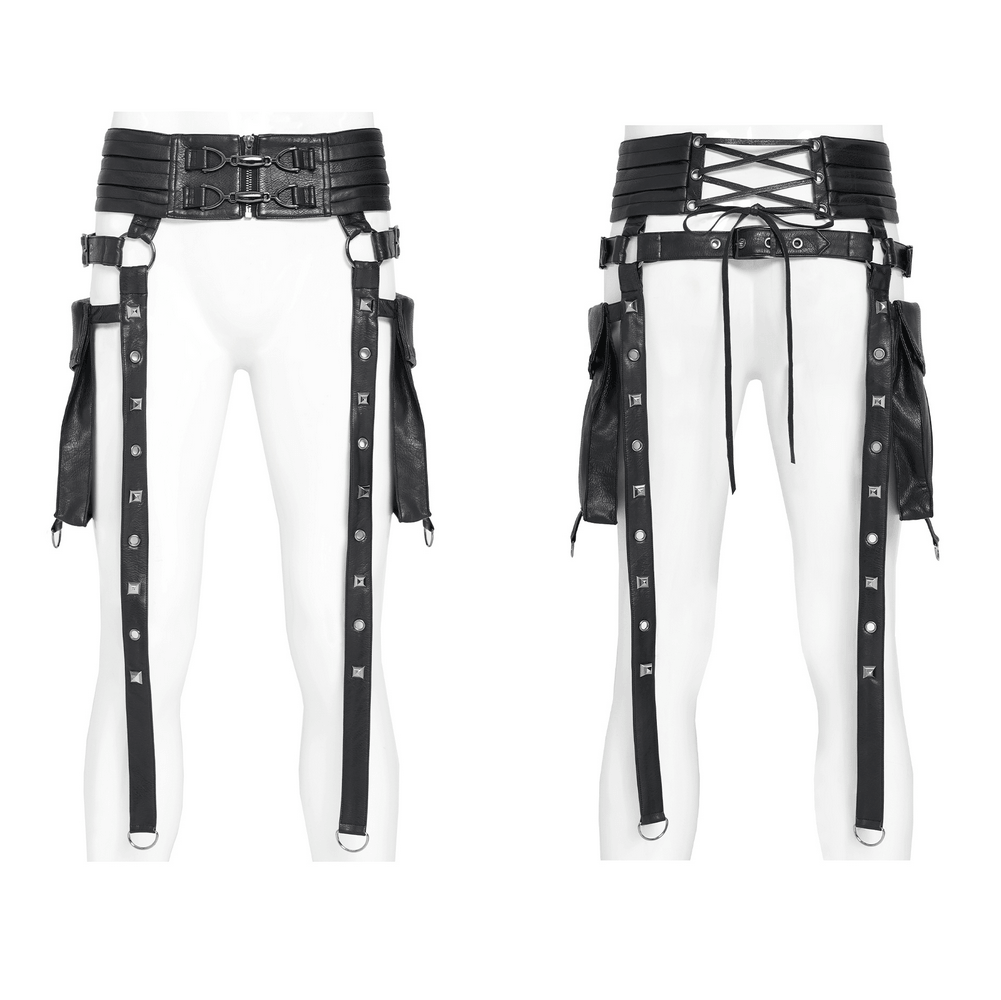 Black Punk Harness Belt with Garter Straps and Pouches showcasing a stylish, edgy design with utility pouches and metal details.
