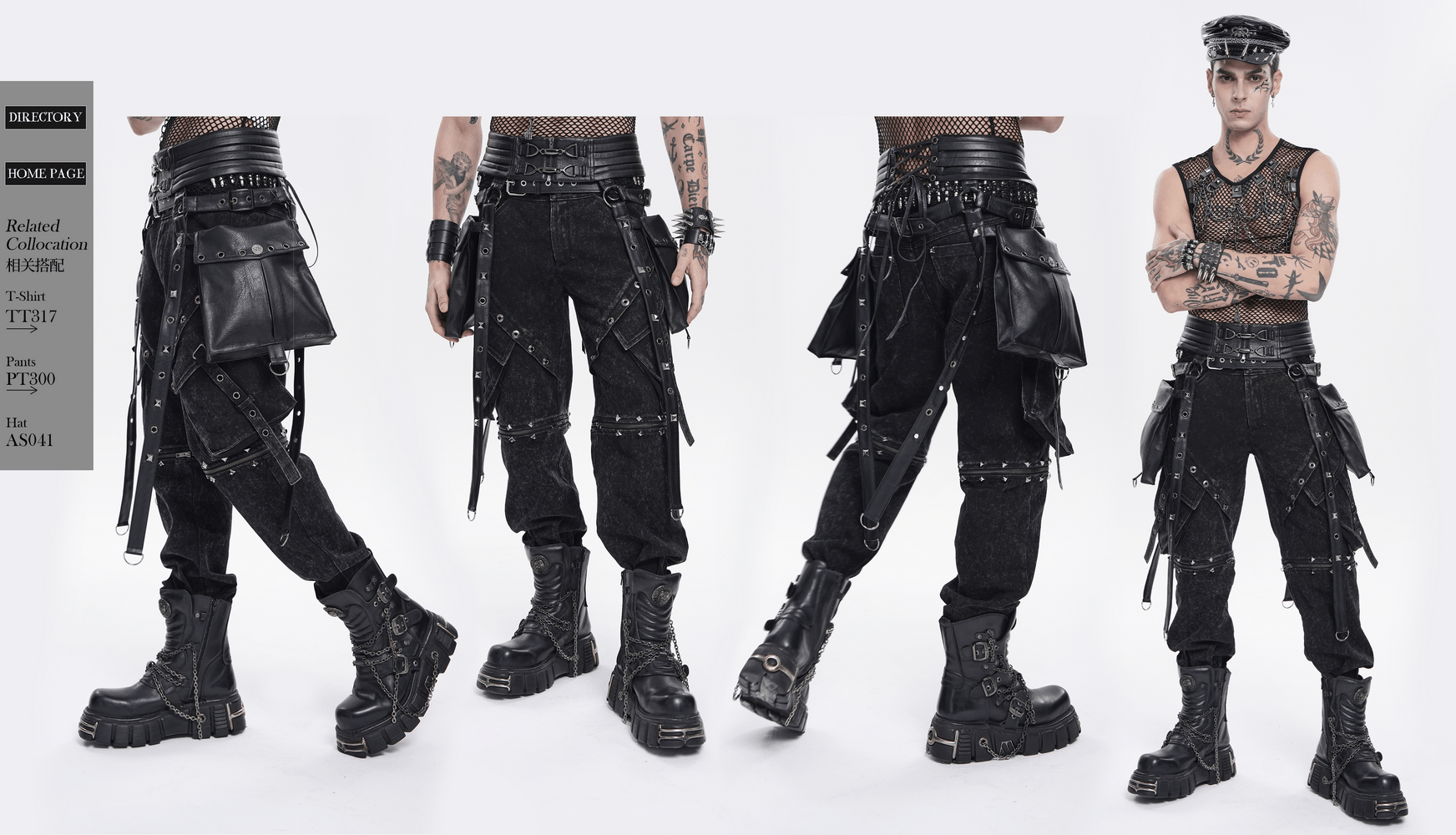 Black Punk Harness Belt with Garter Straps and Pouches styled on a model wearing edgy black clothing and combat boots.