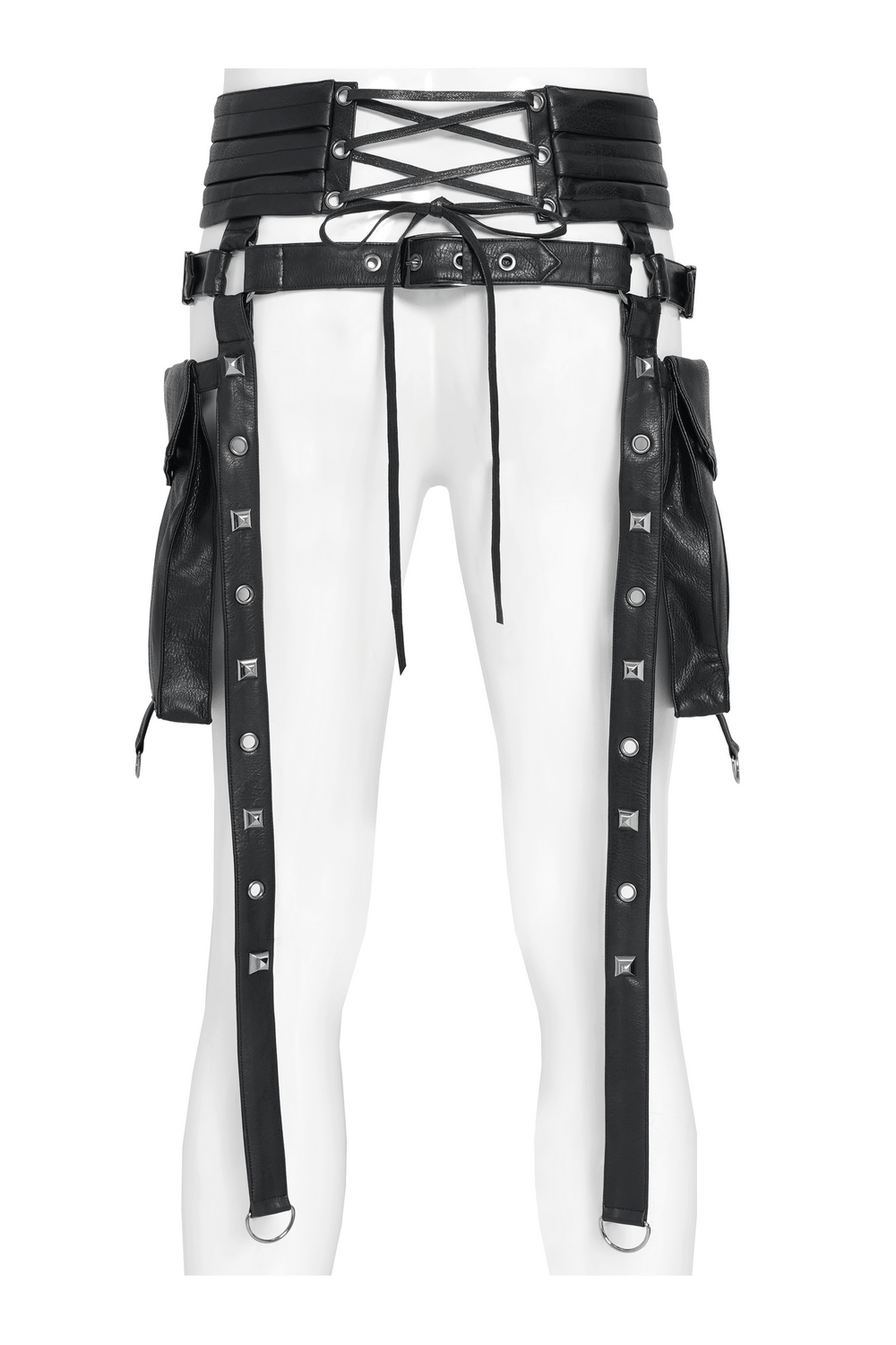 Black Punk Harness Belt with Garter Straps and Pouches shown on mannequin, featuring utility pouches and lace-up back.