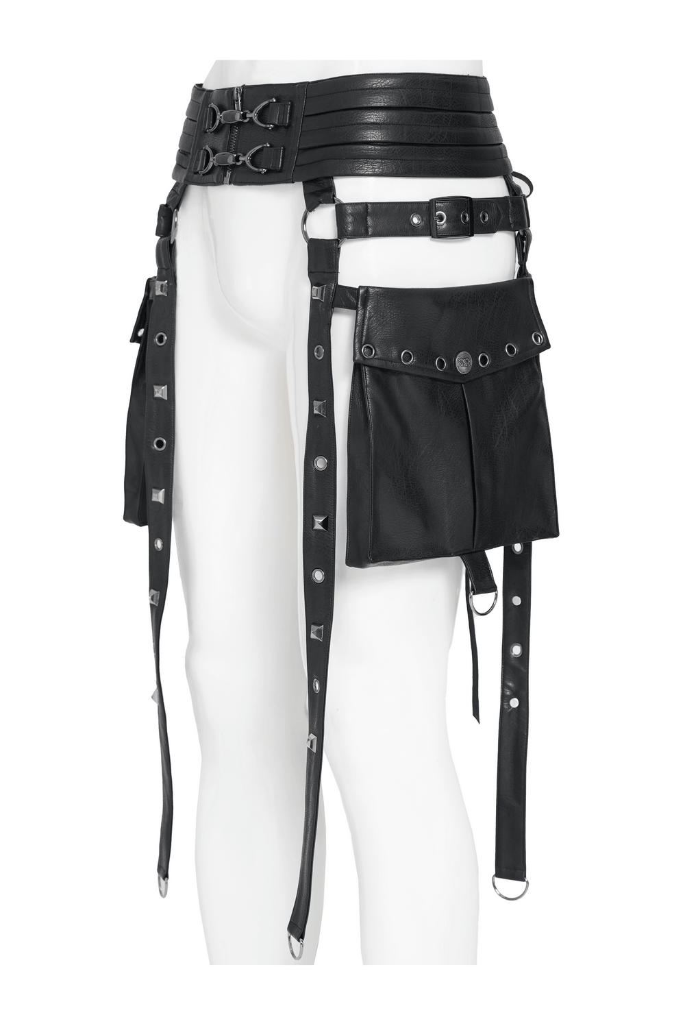Black Punk Harness Belt with Garter Straps and Pouches showcasing its bold design and utility features.