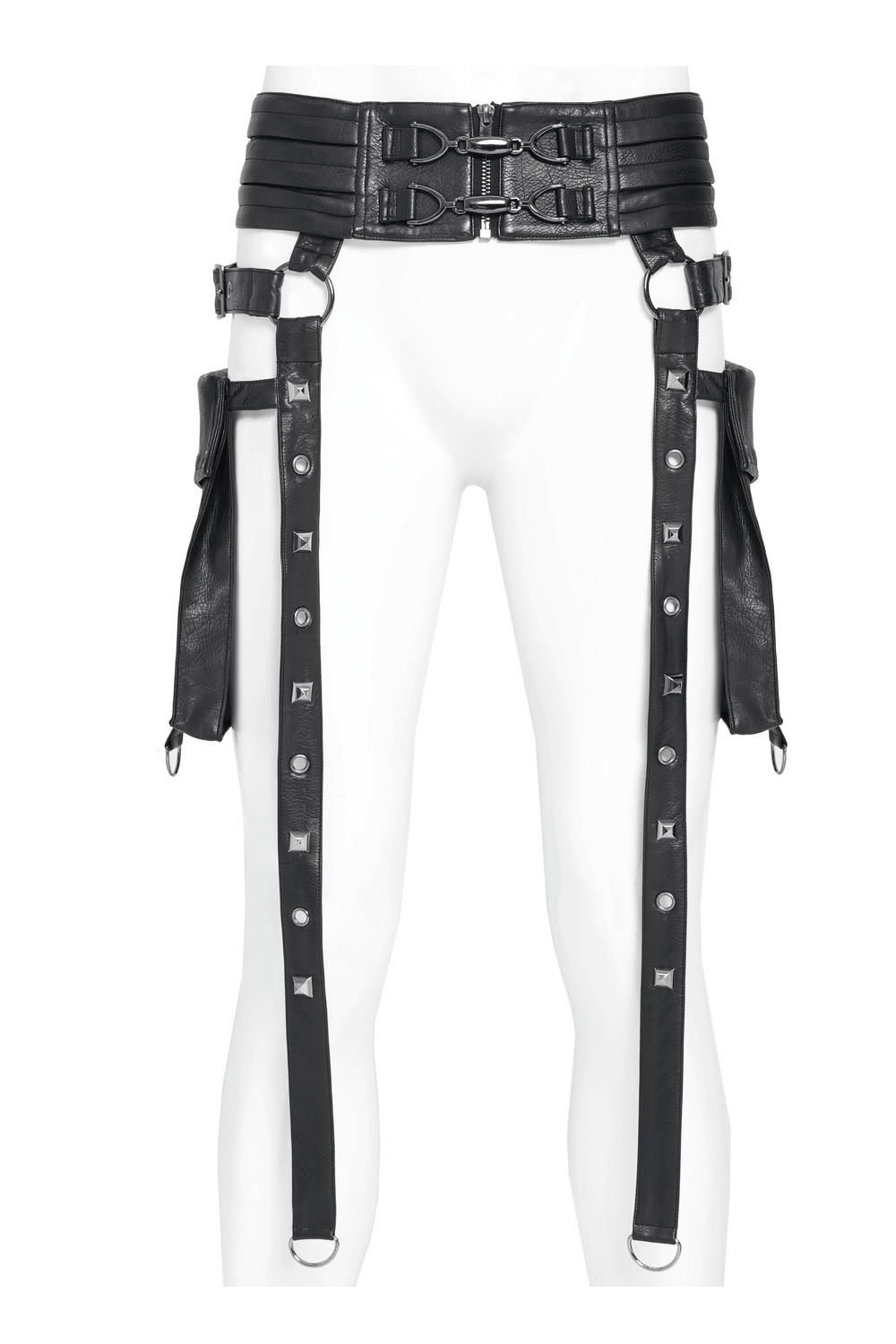 Black Punk Harness Belt with Garter Straps and Pouches showcasing bold punk style and utility pouches.