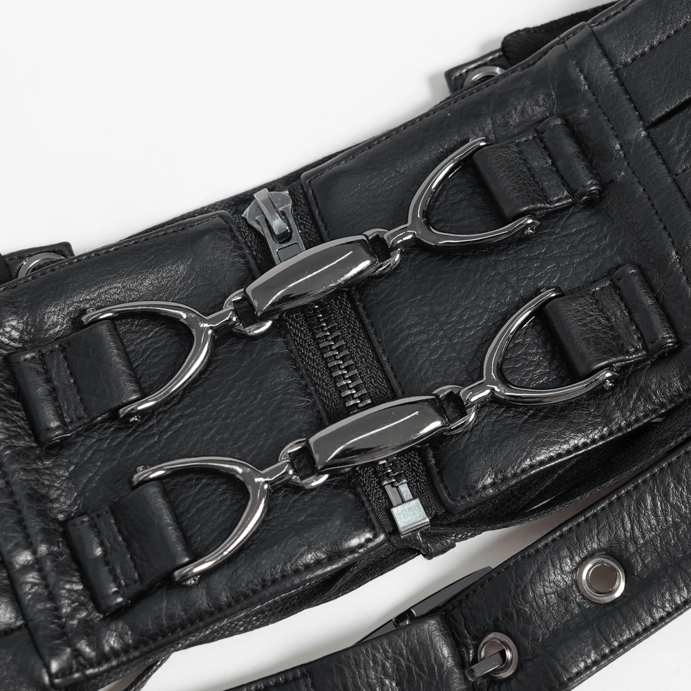 Black Punk Harness Belt with Garter Straps and Pouches featuring buckle hardware and zipper details.