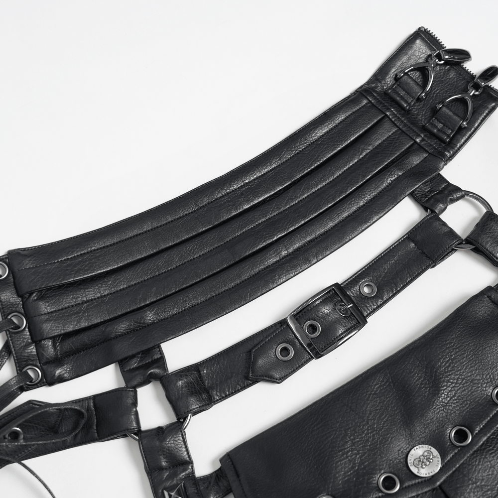 Black Punk Harness Belt with Garter Straps and Pouches showcasing detailed faux leather design and hardware.