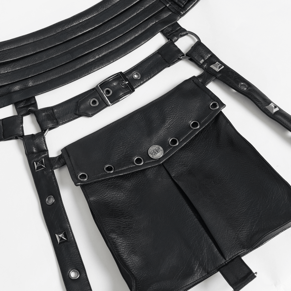 Black Punk Harness Belt with Garter Straps and Pouches showcasing faux leather design and utility pouches.