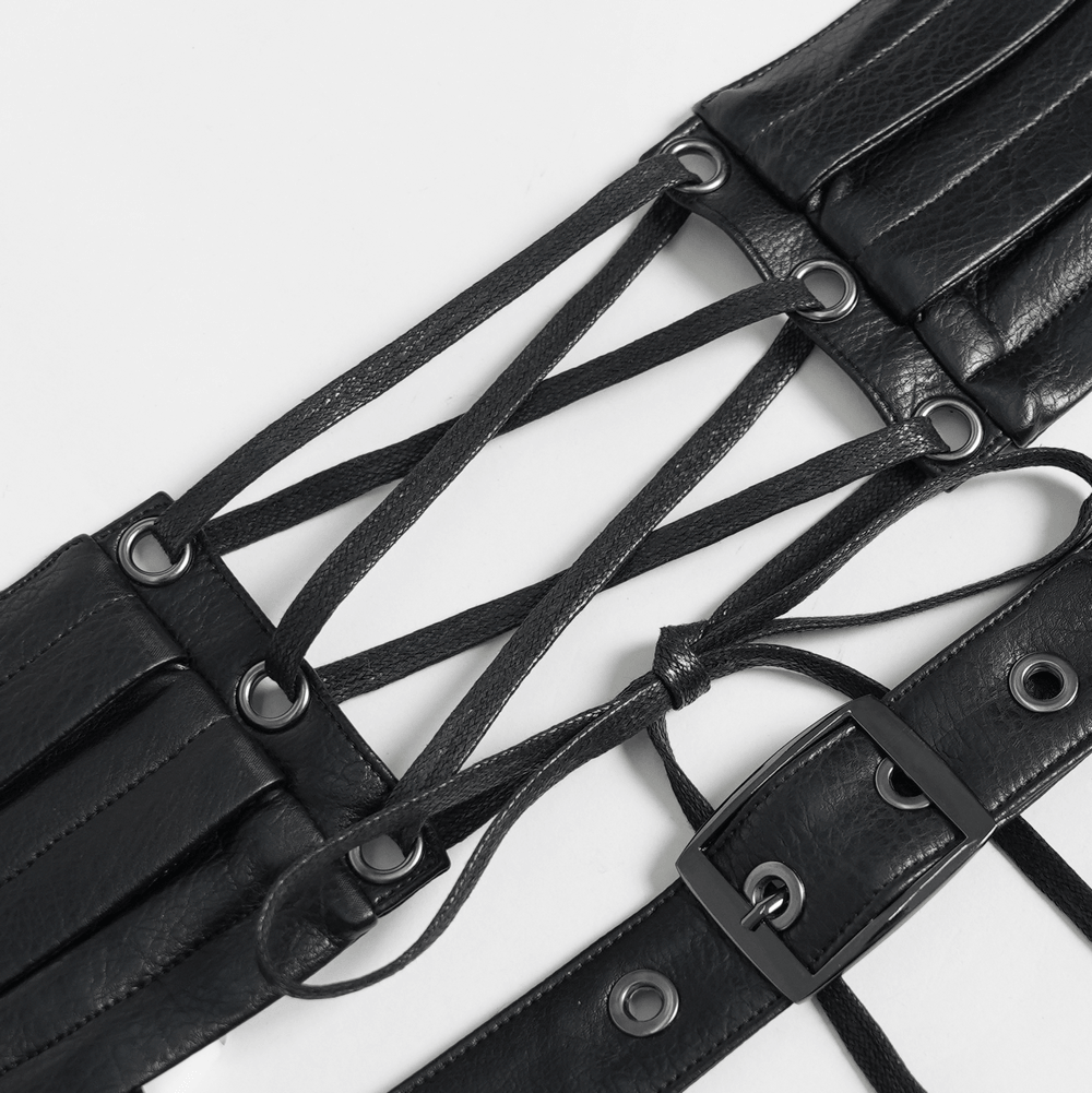 Black Punk Harness Belt with Garter Straps and Pouches close-up showing lace-up details and buckles.