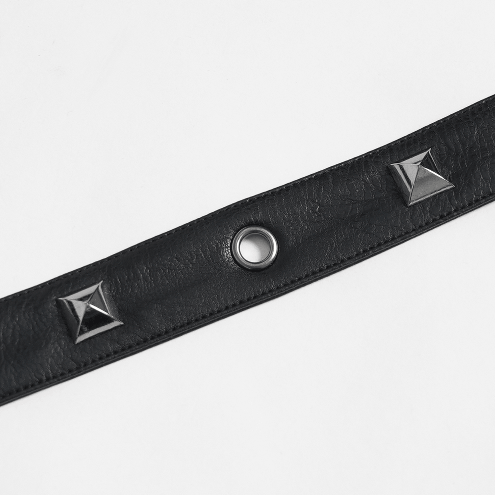 Black Punk Harness Belt with Garter Straps and Pouches showcasing metal pyramid studs and eyelet detail.