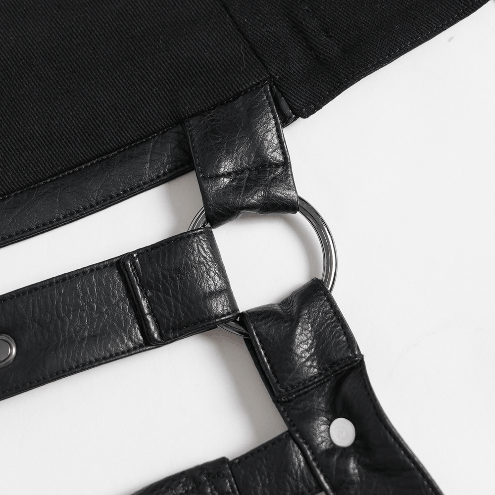 Black Punk Harness Belt with Garter Straps and Pouches close-up of faux leather details and metal rings