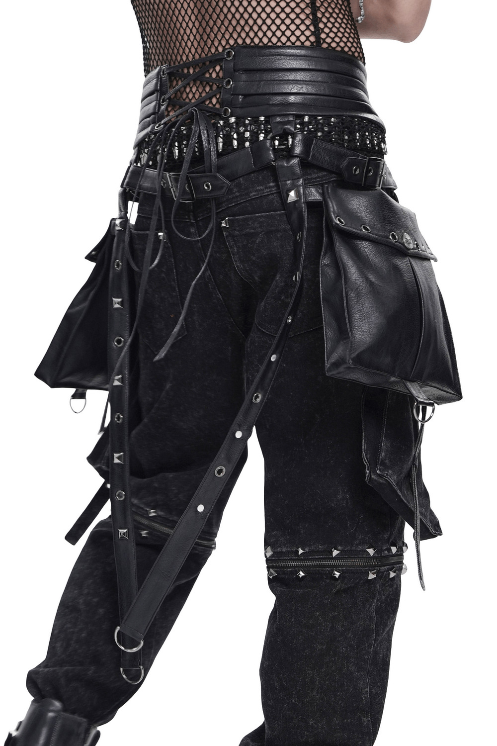 Black Punk Harness Belt with Garter Straps and Pouches showcased on a model with black studded pants and utility pouches.