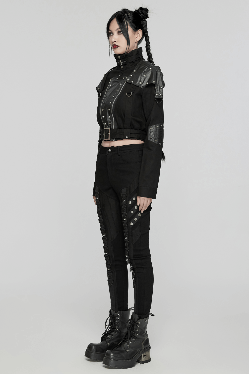 Black Punk Jacket with Rivets and Leather Accents