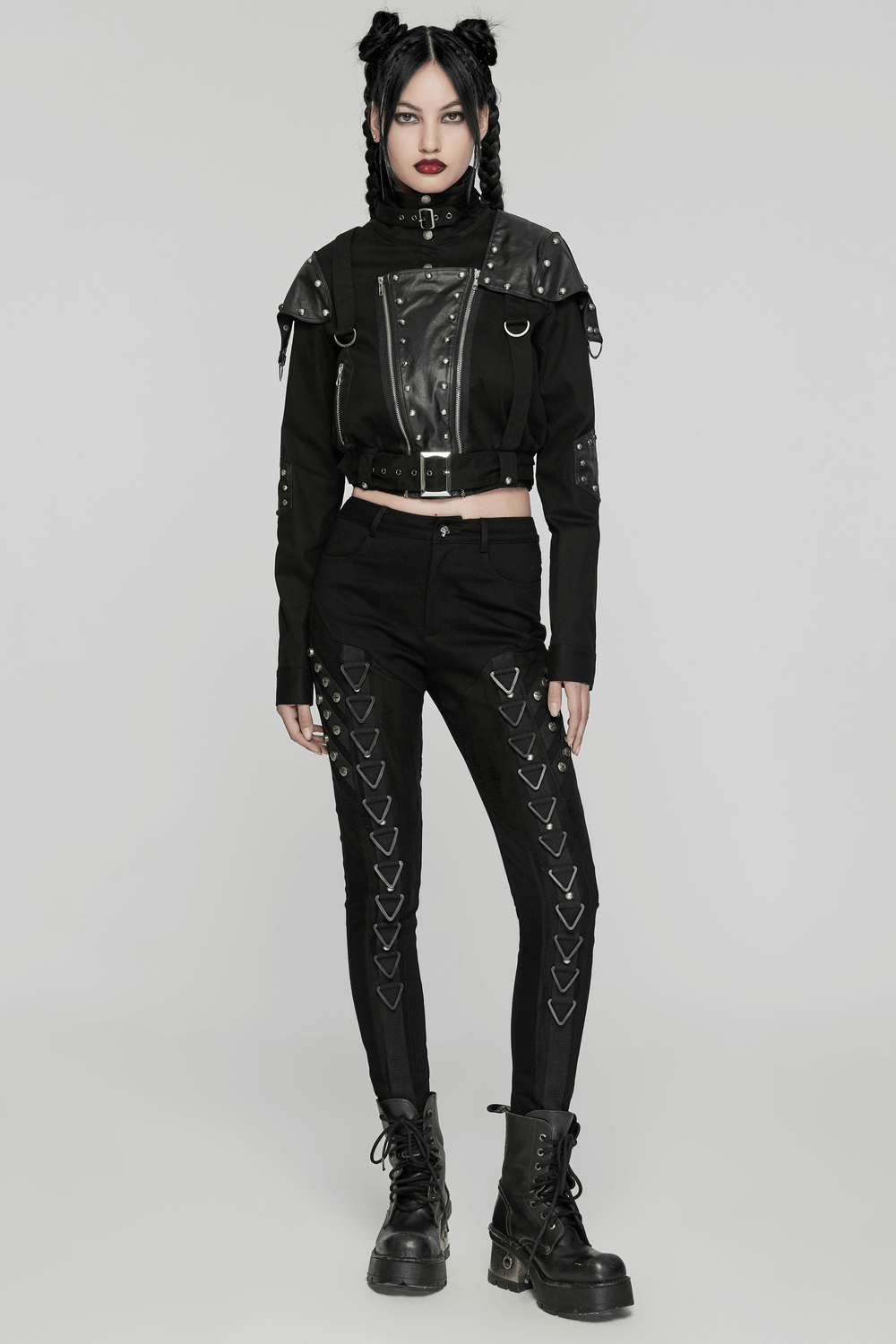 Black Punk Jacket with Rivets and Leather Accents