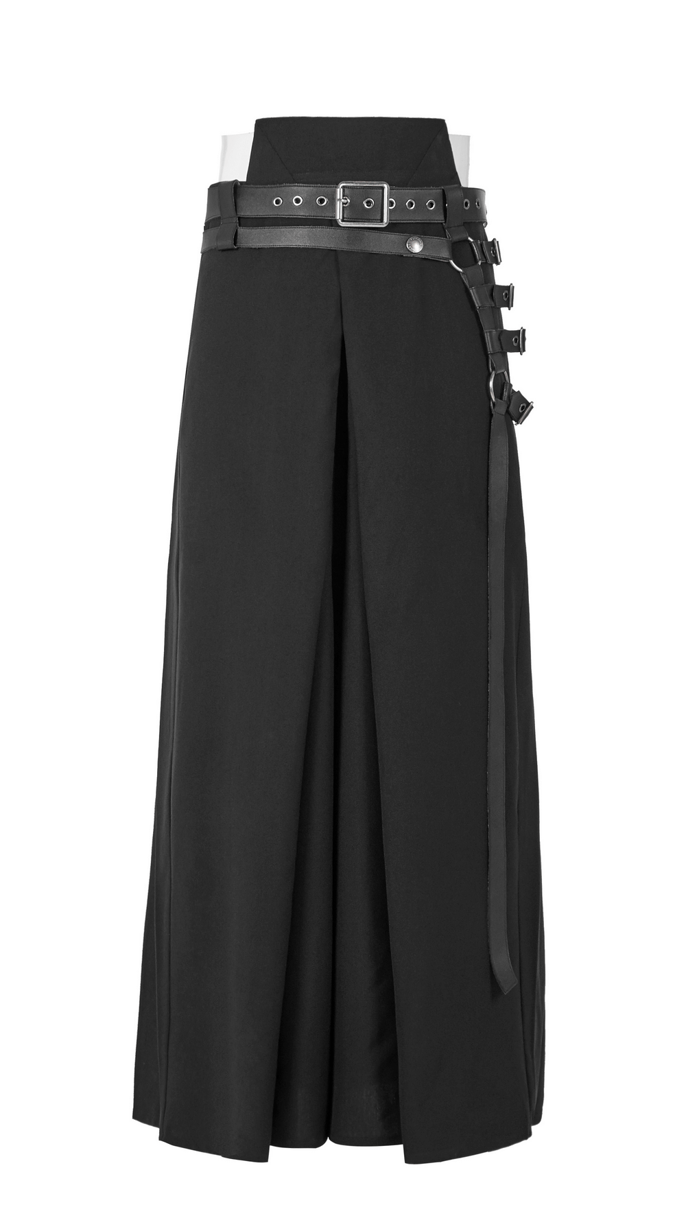 Black punk kimono wide leg pants with buckles and adjustable waistband, inspired by samurai hakama style.