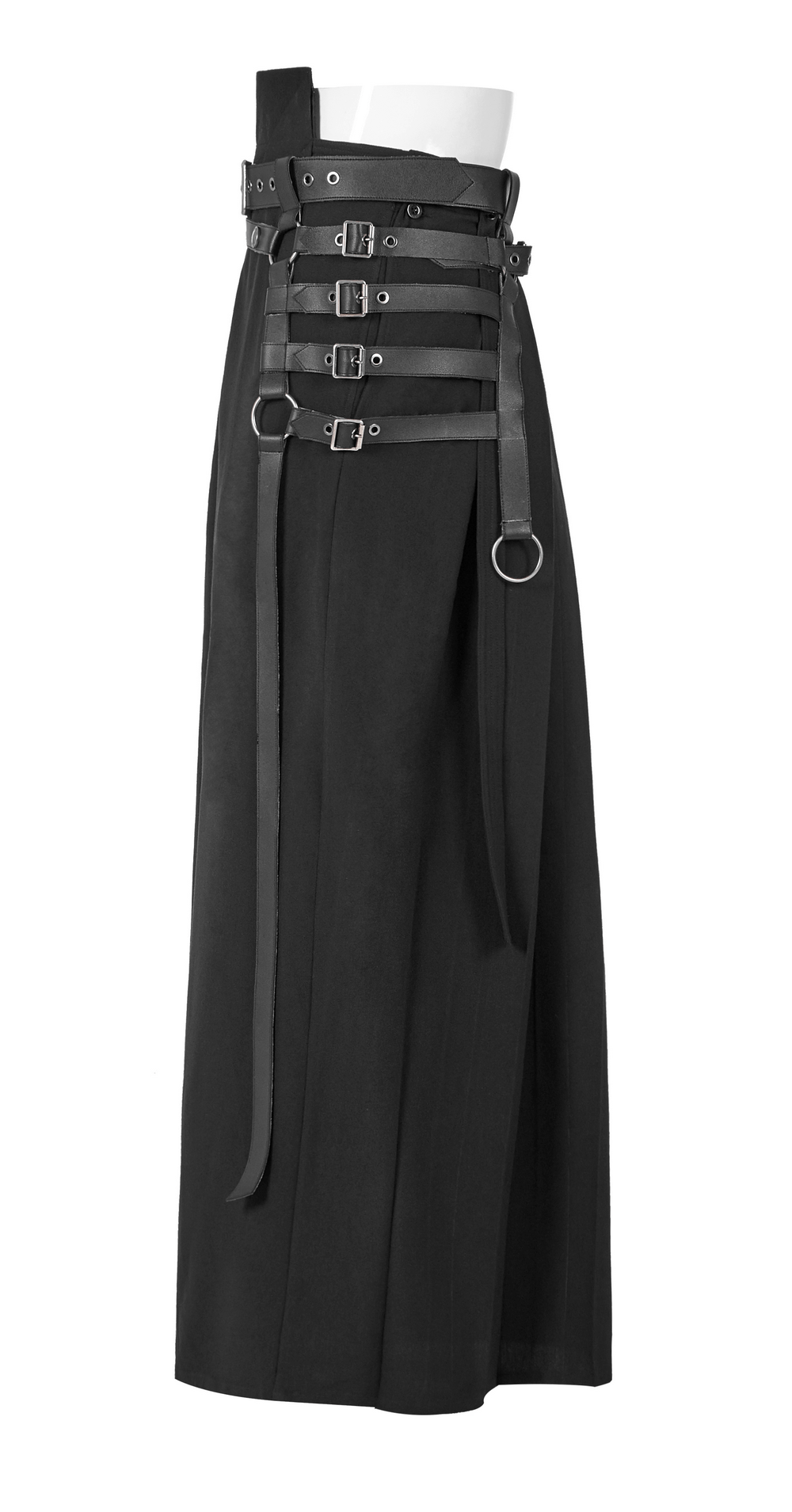 Black punk kimono wide leg pants with buckles, featuring a striking samurai warrior design for a bold look.