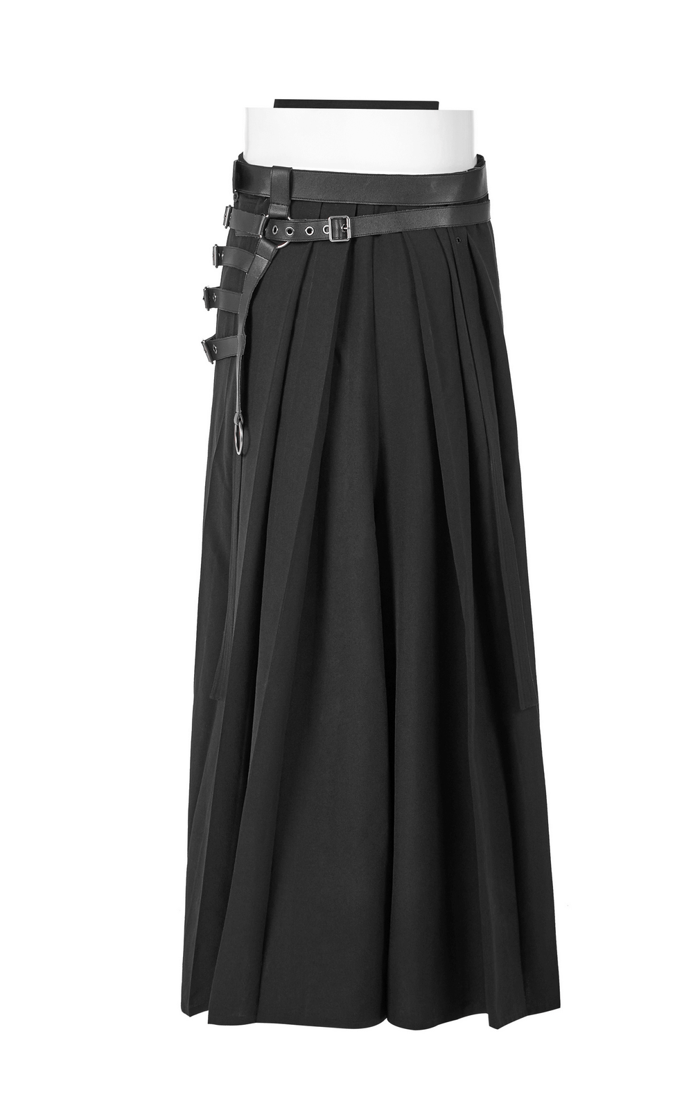 Black punk kimono wide leg pants with buckles, featuring pleats and adjustable waistband for a warrior-inspired look.