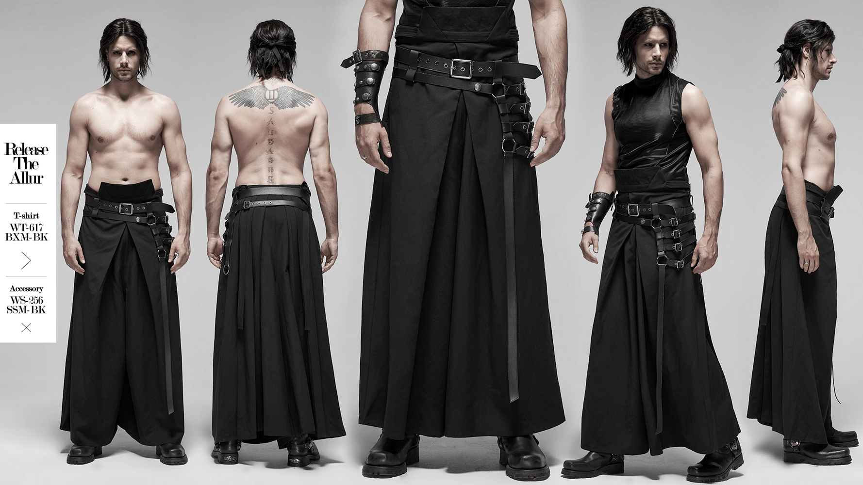 Black punk kimono wide-leg hakama pants with buckles, showcasing a warrior-inspired style and adjustable fit.