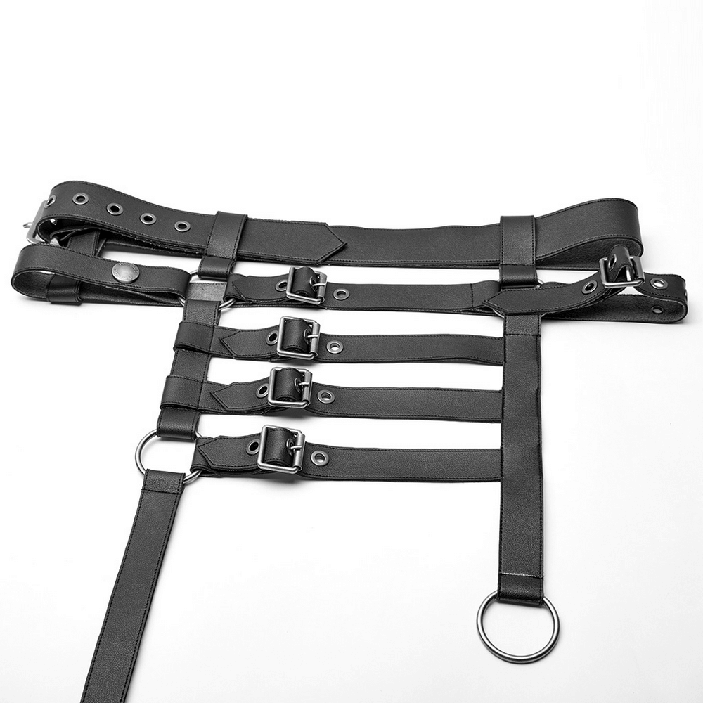 Black punk rock harness with adjustable buckles and metal rings, perfect for adding an edgy touch to any outfit.