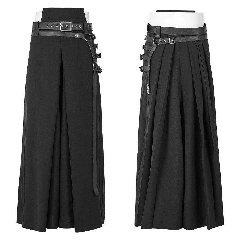 Black punk kimono wide leg pants with buckles, featuring pleated design and adjustable leather waistband.