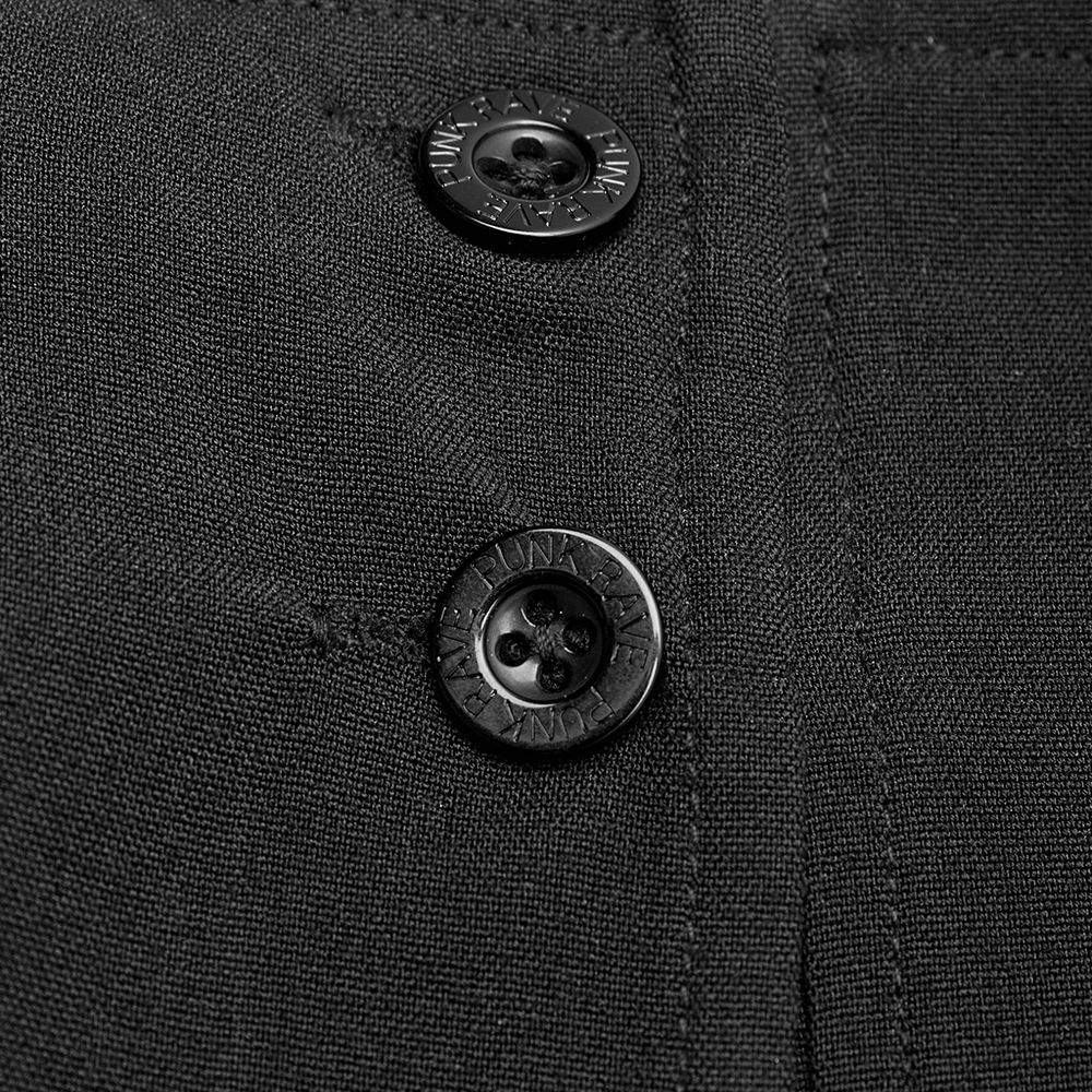 Close-up of black punk kimono pants buttons, highlighting stylish metal adjustments and fabric texture.