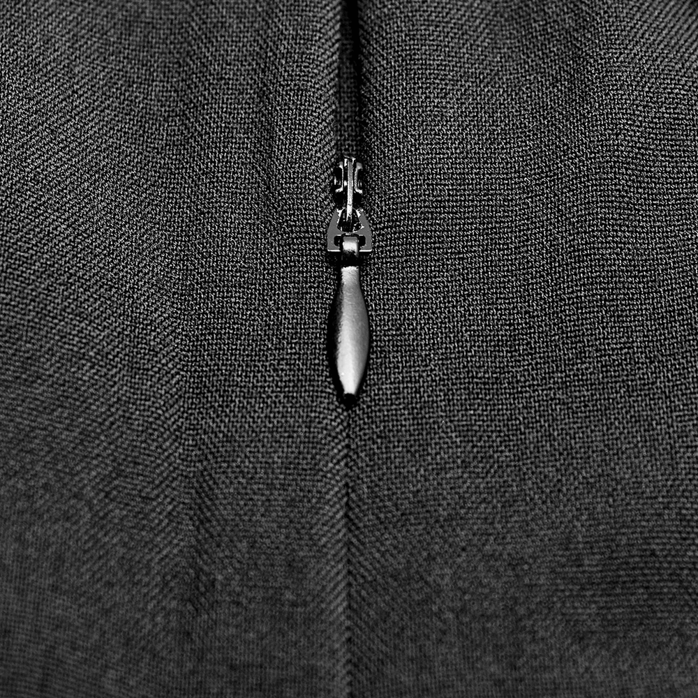 Close-up of the zipper on black punk kimono wide leg pants, showcasing sleek design and high-quality craftsmanship.
