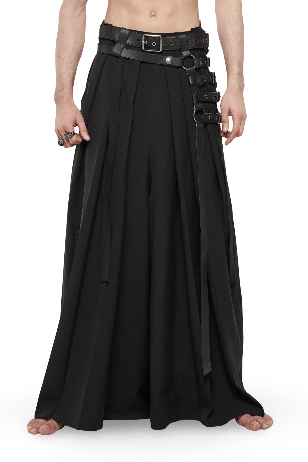 Black punk kimono wide leg pants with buckles, showcasing a pleated design and adjustable waist for a warrior-inspired look.