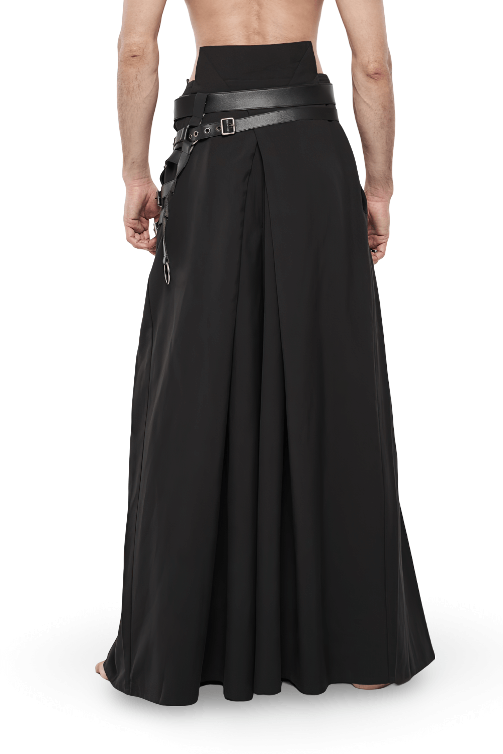Back view of black punk kimono wide leg pants with buckles, showcasing pleated design and adjustable leather accents.