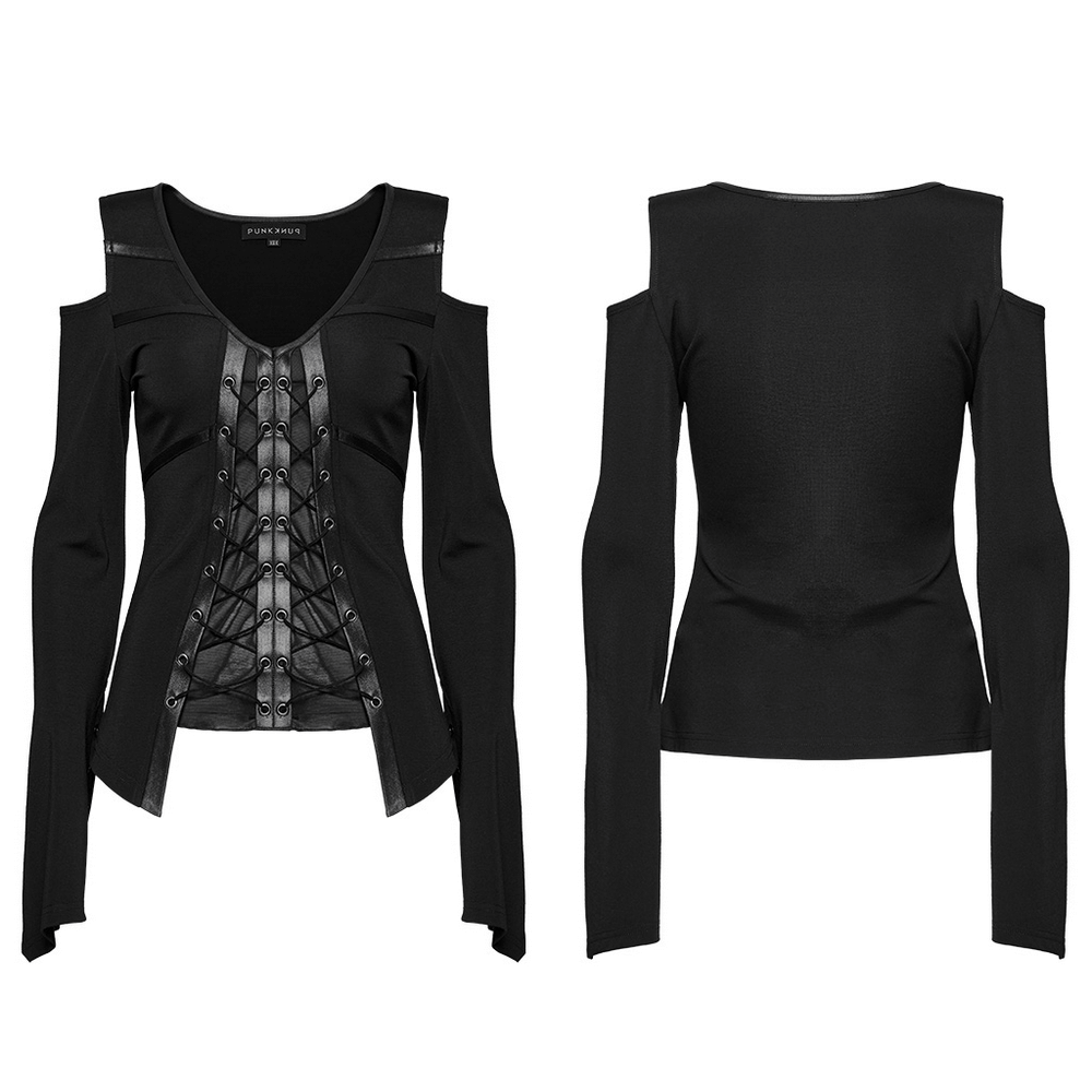 Schwarzes Punk-Strickoberteil mit Kordelzug und Cut-Out-Details