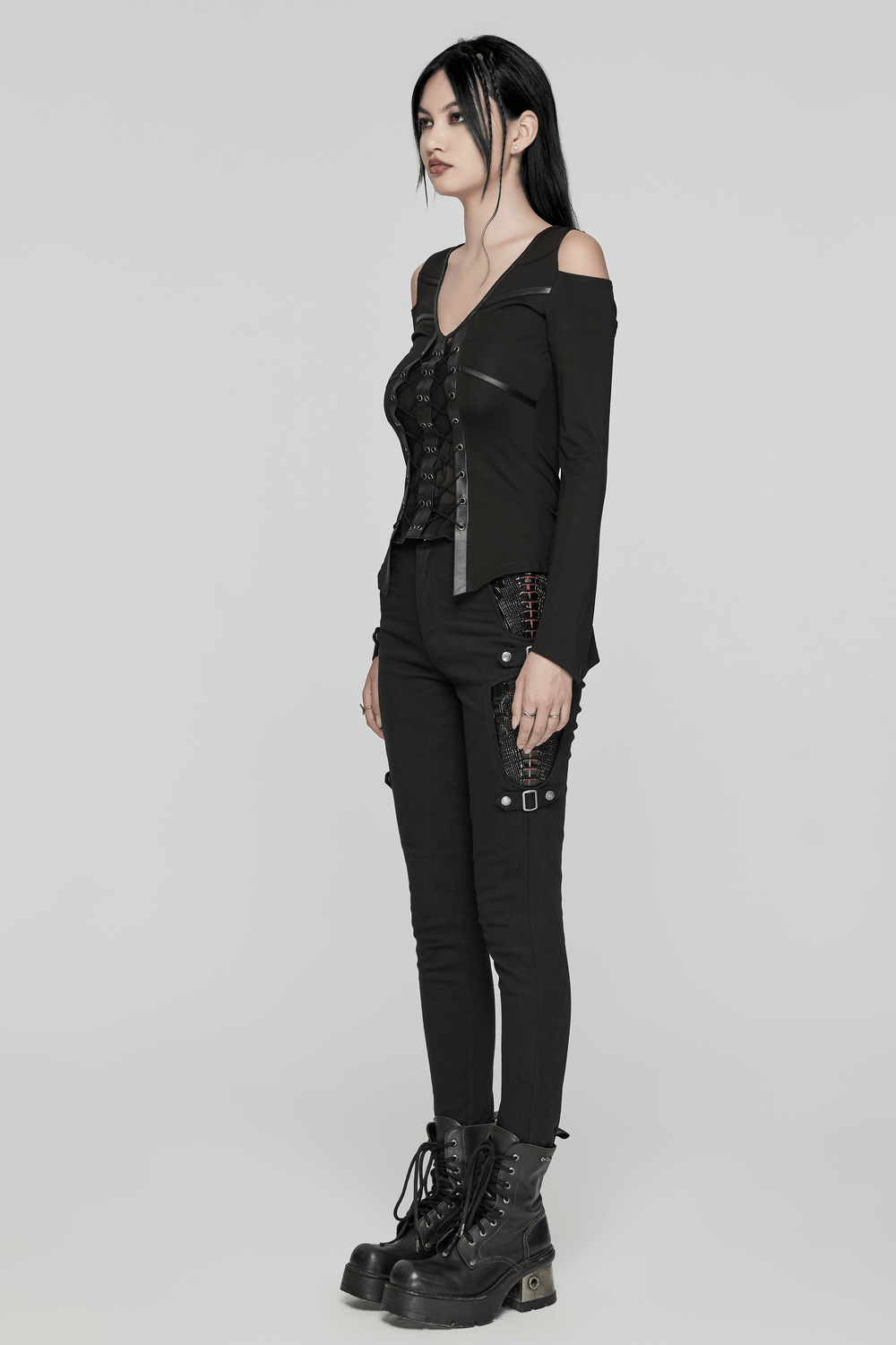 Black Punk Knit Top with Drawstring and Cut-Out Details